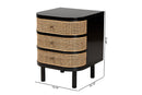 Rindal Black Bayur Wood and Natural Rattan 3-Drawer End Table Nightstand Baxton