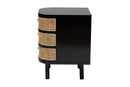 Rindal Black Bayur Wood and Natural Rattan 3-Drawer End Table Nightstand Baxton