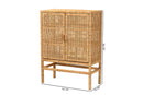Perry Natural Brown Rattan and Mahogany Wood 3-Shelf Storage Cabinet Baxton