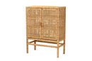 Perry Natural Brown Rattan and Mahogany Wood 3-Shelf Storage Cabinet Baxton