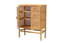 Perry Natural Brown Rattan and Mahogany Wood 3-Shelf Storage Cabinet Baxton