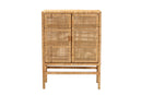 Perry Natural Brown Rattan and Mahogany Wood 3-Shelf Storage Cabinet Baxton