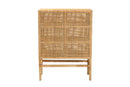 Perry Natural Brown Rattan and Mahogany Wood 3-Shelf Storage Cabinet Baxton