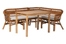 Mira Natural Brown and Rattan 3-Piece Dining Nook Set Baxton