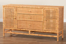 Perry Bohemian Honey Rattan and Mahogany Wood 3-Drawer Storage Cabinet Baxton