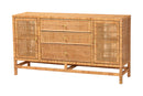Perry Bohemian Honey Rattan and Mahogany Wood 3-Drawer Storage Cabinet Baxton
