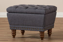 Riona Dark Gray Fabric, Walnut Wood Finished Button-Tufted Storage Ottoman Baxton