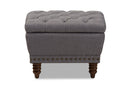 Riona Light Gray Fabric, Walnut Wood Finished Button-Tufted Storage Ottoman Baxton