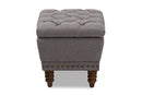Riona Light Gray Fabric, Walnut Wood Finished Button-Tufted Storage Ottoman Baxton