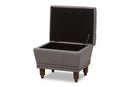 Riona Light Gray Fabric, Walnut Wood Finished Button-Tufted Storage Ottoman Baxton