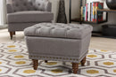 Riona Light Gray Fabric, Walnut Wood Finished Button-Tufted Storage Ottoman Baxton