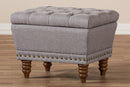 Riona Light Gray Fabric, Walnut Wood Finished Button-Tufted Storage Ottoman Baxton