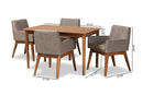 Malvina Gravel Fabric Upholstered and Walnut Brown 5-Piece Dining Set Baxton