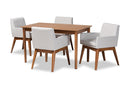 Malvina Greyish Beige Fabric Upholstered and Walnut Brown 5-Piece Dining Set Baxton