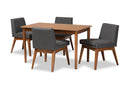 Larine Dark Gray Fabric Upholstered and Walnut Brown 5-Piece Dining Set Baxton