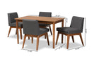 Larine Dark Gray Fabric Upholstered and Walnut Brown 5-Piece Dining Set Baxton