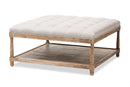 Larissa Weathered Oak Beige Linen Square Coffee Table Ottoman Baxton
