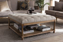 Larissa Weathered Oak Beige Linen Square Coffee Table Ottoman Baxton
