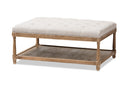 Larissa Weathered Oak Beige Linen Rectangular Coffee Table Ottoman Baxton