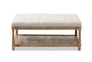 Larissa Weathered Oak Beige Linen Rectangular Coffee Table Ottoman Baxton