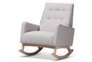 Helio Greyish Beige Fabric Upholstered Whitewash Wood Rocking Chair Baxton