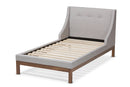 Laraine Greyish Beige Fabric Upholstered Walnut-Finished Twin Sized Platform Bed Baxton