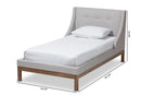 Laraine Greyish Beige Fabric Upholstered Walnut-Finished Twin Sized Platform Bed Baxton