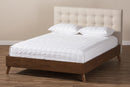 Canterbury Light Beige Fabric Upholstered Walnut Wood King Size Platform Bed Baxton