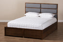 Warner Dark Gray Fabric Walnut Finished King Size Storage Platform Bed Baxton