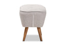 Wallis Greyish Beige Fabric Upholstered Walnut Brown Ottoman Baxton