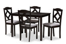 Emiko Espresso Brown Finished and Gray Fabric Upholstered 5-Piece Dining Set Baxton