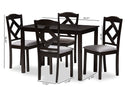 Emiko Espresso Brown Finished and Gray Fabric Upholstered 5-Piece Dining Set Baxton