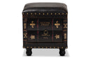 Ulyana Rustic Dark Brown Faux Leather Wood Storage Ottoman w/Book Spine Drawer Baxton