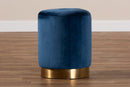 Noland Glam Navy Blue Velvet Fabric Upholstered Gold-Finished Ottoman Baxton