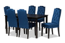 Newcastle Navy Blue Velvet Fabric Upholstered and Dark Brown 7-Piece Dining Set Baxton