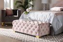 Gates Light Pink Velvet Fabric Gold Finished Button Tufted Bench Ottoman Baxton