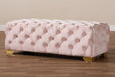 Gates Light Pink Velvet Fabric Gold Finished Button Tufted Bench Ottoman Baxton