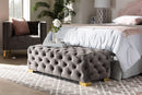 Gates Gray Velvet Fabric Upholstered Gold Finished Button Tufted Bench Ottoman Baxton