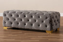 Gates Gray Velvet Fabric Upholstered Gold Finished Button Tufted Bench Ottoman Baxton