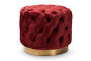 Panchali Burgundy Red Velvet Fabric Upholstered Gold-Finished Ottoman Baxton