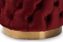 Panchali Burgundy Red Velvet Fabric Upholstered Gold-Finished Ottoman Baxton