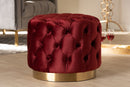 Panchali Burgundy Red Velvet Fabric Upholstered Gold-Finished Ottoman Baxton