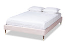 Terah Light Pink Velvet Fabric Full Size Wood Platform Bed w/Gold-Tone Leg Tips Baxton