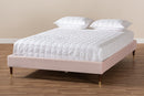 Terah Light Pink Velvet Fabric Full Size Wood Platform Bed w/Gold-Tone Leg Tips Baxton