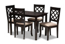 Pamela Sand Fabric Upholstered Espresso Brown Finished 5-Piece Wood Dining Set Baxton