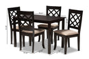 Pamela Sand Fabric Upholstered Espresso Brown Finished 5-Piece Wood Dining Set Baxton