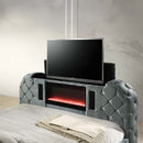 Kana Eastern King Bed w/LED, Fireplace & TV Stand, Gray Upholstery Velvet Acme