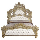 Bernadette King Bed, White Faux Leather Fabric & Gold Finish Acme