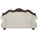 Pierce 69" Loveseat w/3 Pillows, Beige Fabric & Cherry Finish Acme