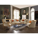 Daesha 92" Sofa w/8 Pillows, Tan Flannel & Antique Gold Finish Acme